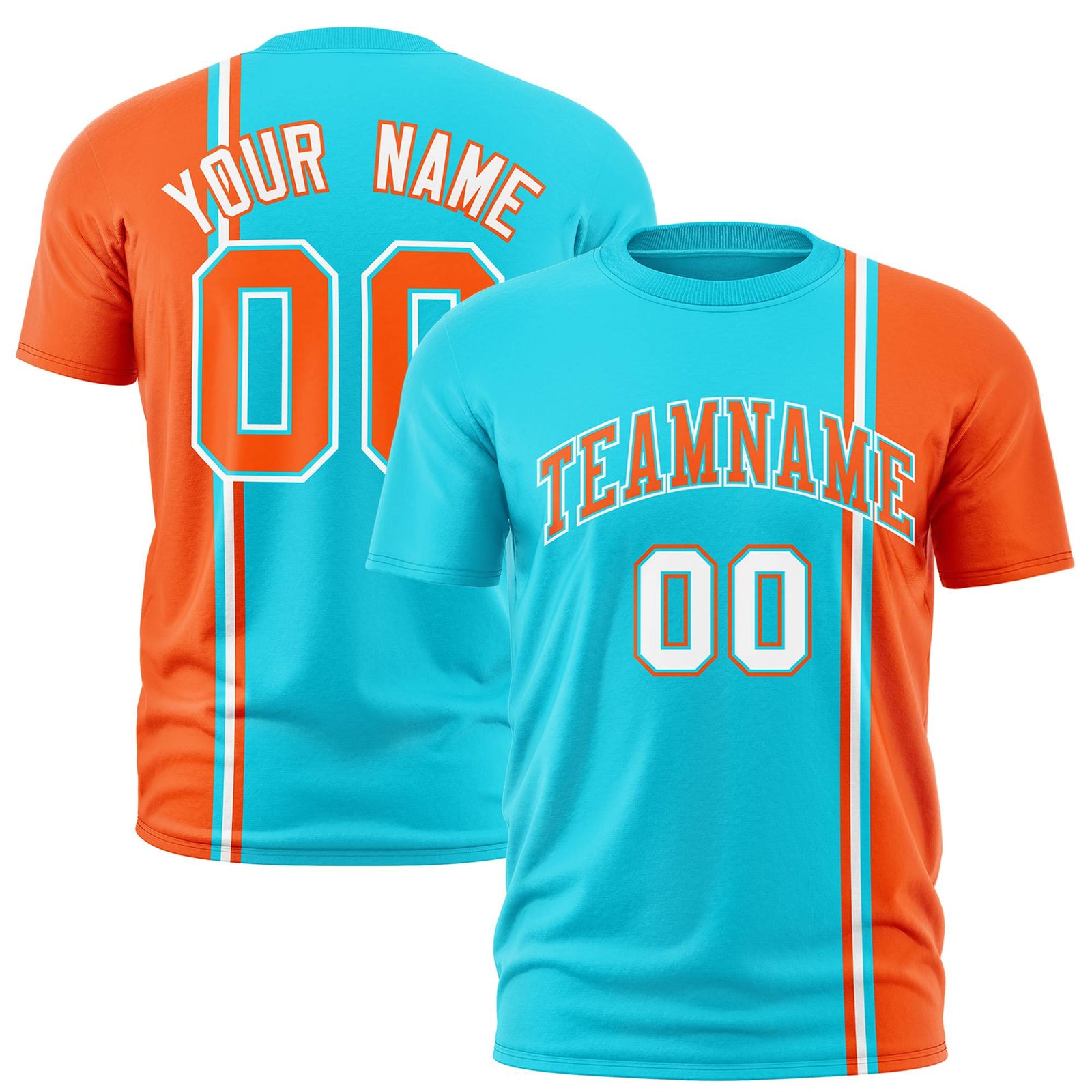 Custom Sky Blue Orange-White Crew neck Color Contrast Design T-Shirts