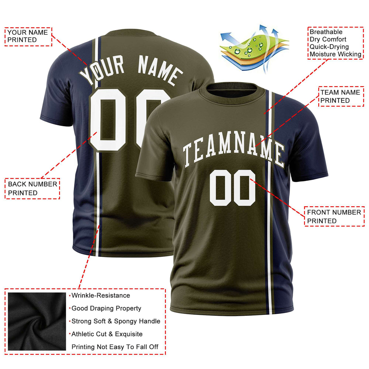 Custom Olive Navy-White Crew neck Color Contrast Design T-Shirts