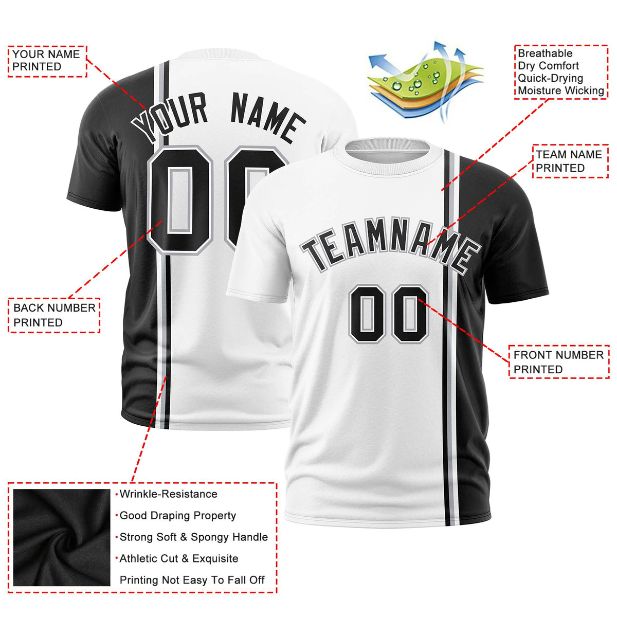 Custom White Black-Gray Crew neck Color Contrast Design T-Shirts