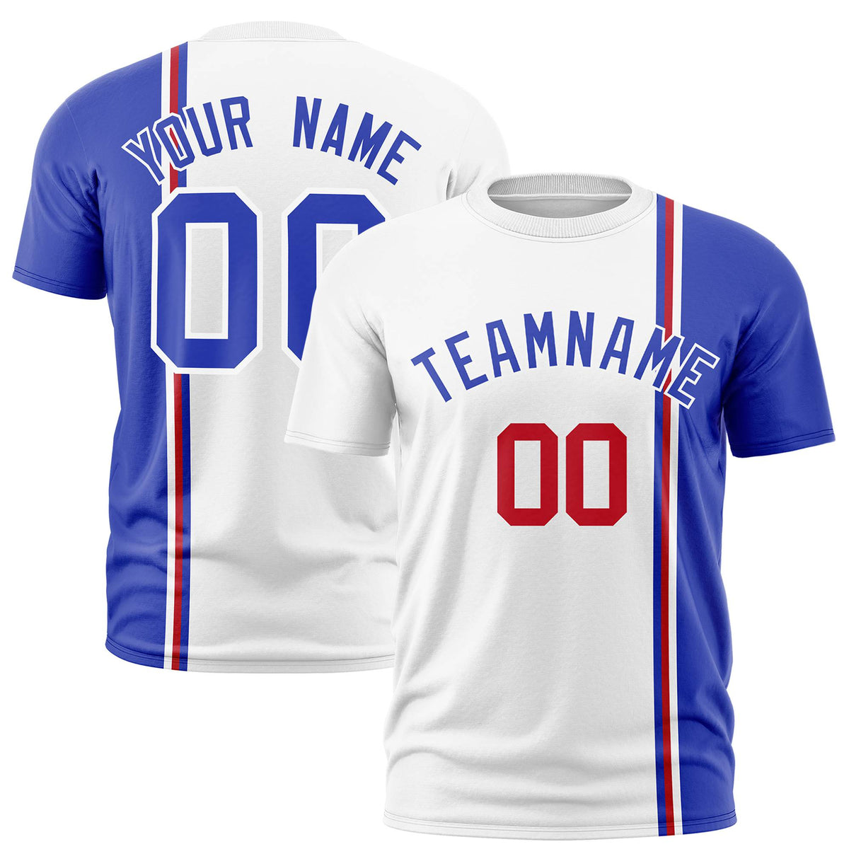 Custom White Royal Blue-Red Crew neck Color Contrast Design T-Shirts