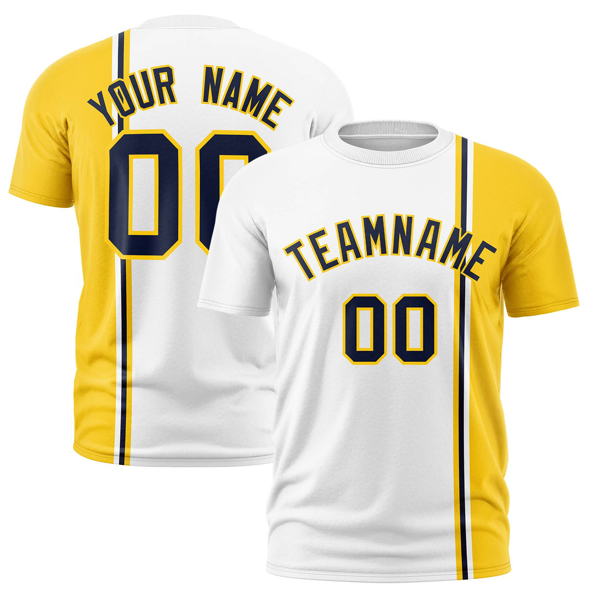 Custom White Navy Gold-01 Crew neck Color Contrast Design T-Shirts
