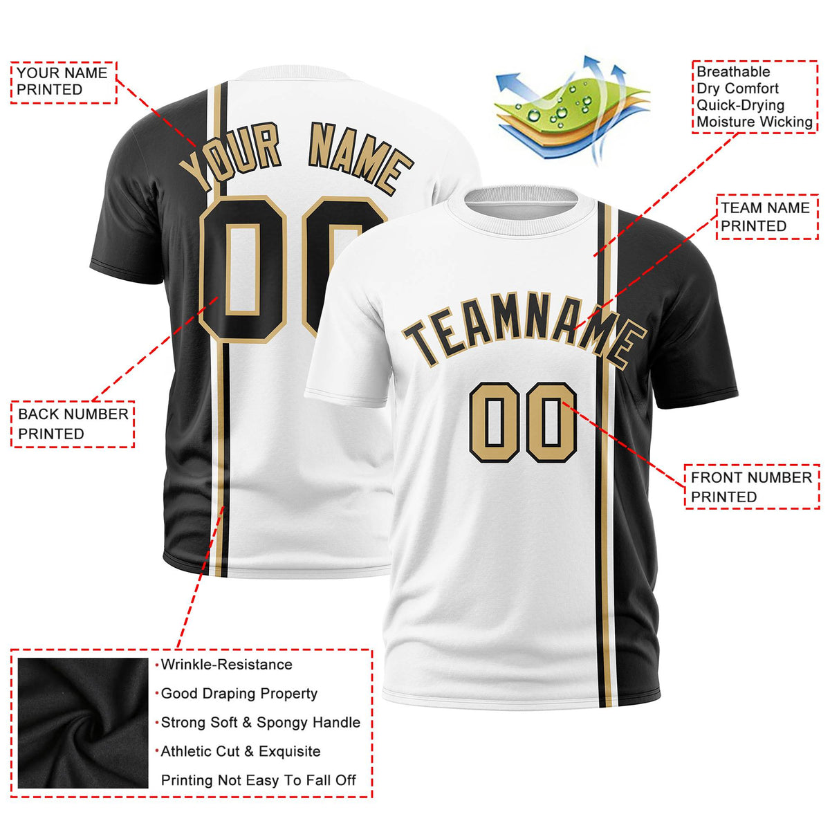 Custom White Black-Gold Crew neck Color Contrast Design T-Shirts