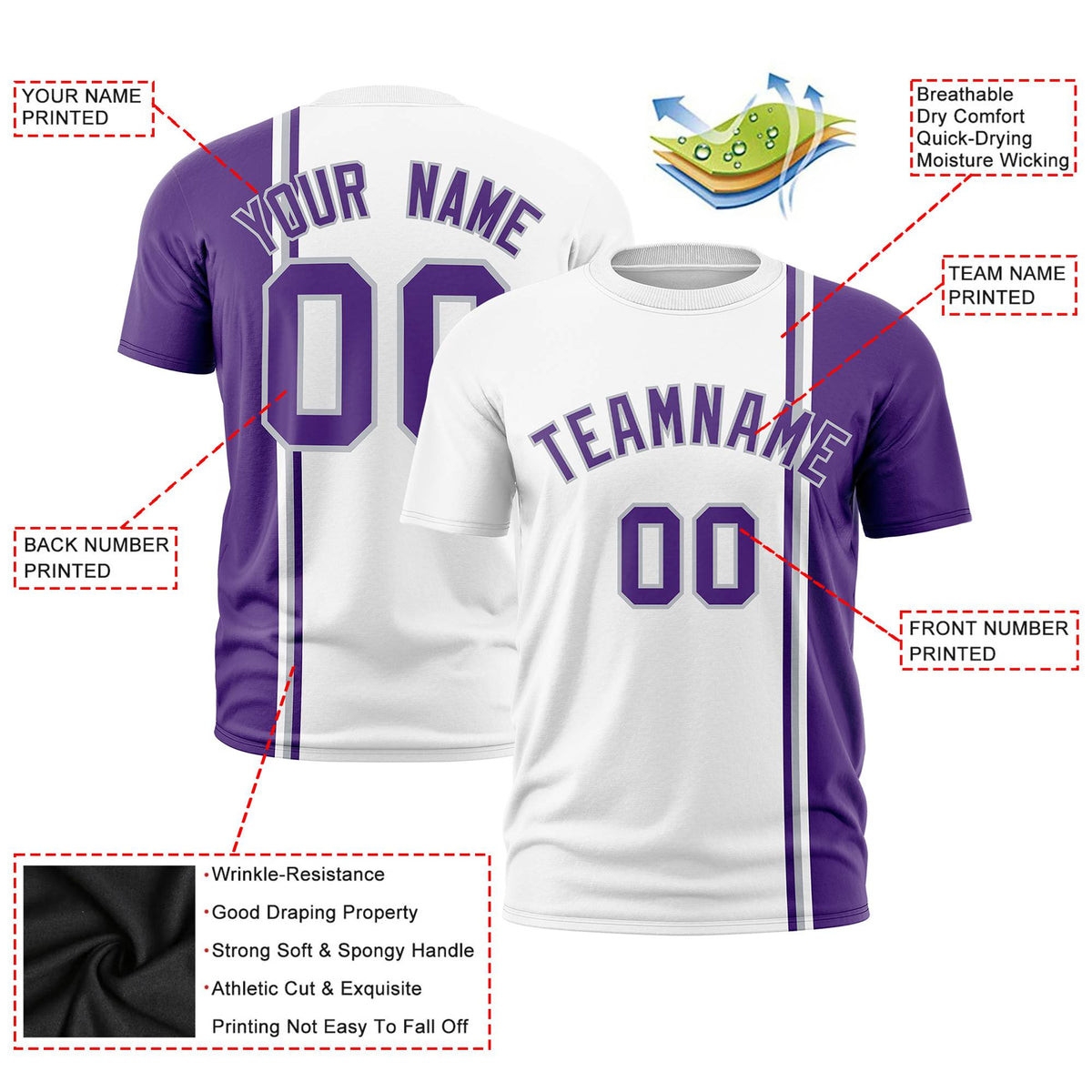 Custom White Purple-Gray Crew neck Color Contrast Design T-Shirts