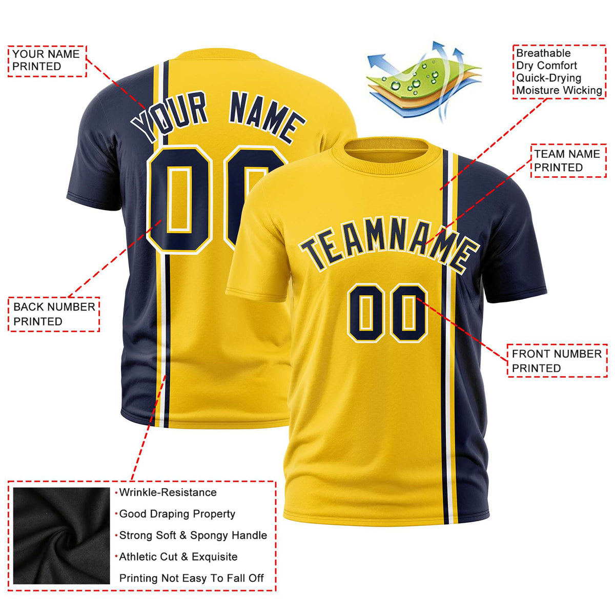 Custom Gold-01 Navy-White Crew neck Color Contrast Design T-Shirts