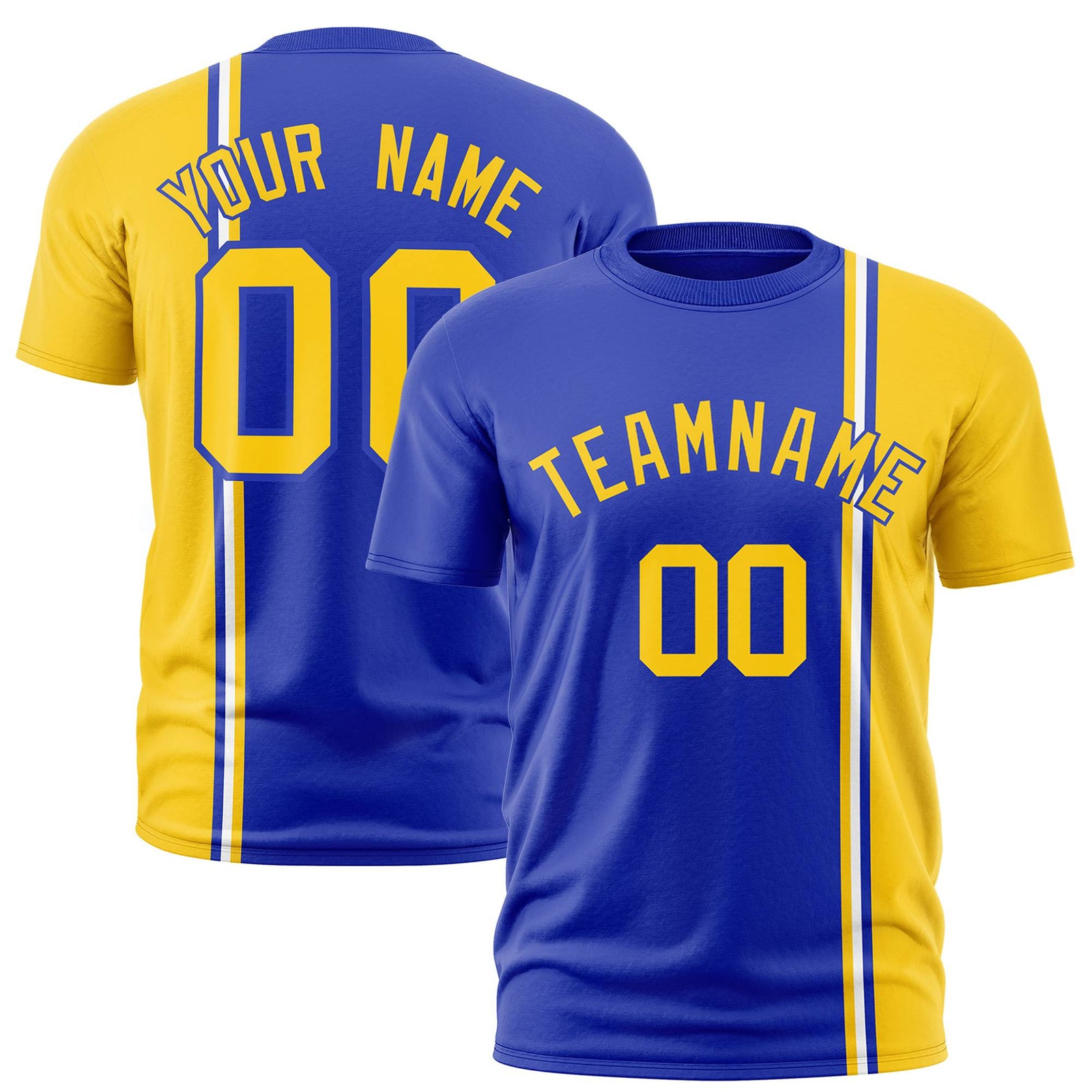 Custom Royal Blue Gold-01 White Crew neck Color Contrast Design T-Shirts