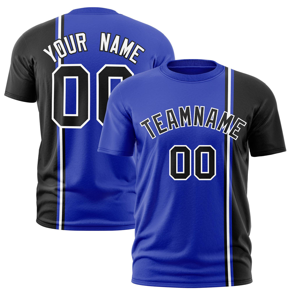 Custom Royal Blue Black-White Crew neck Color Contrast Design T-Shirts