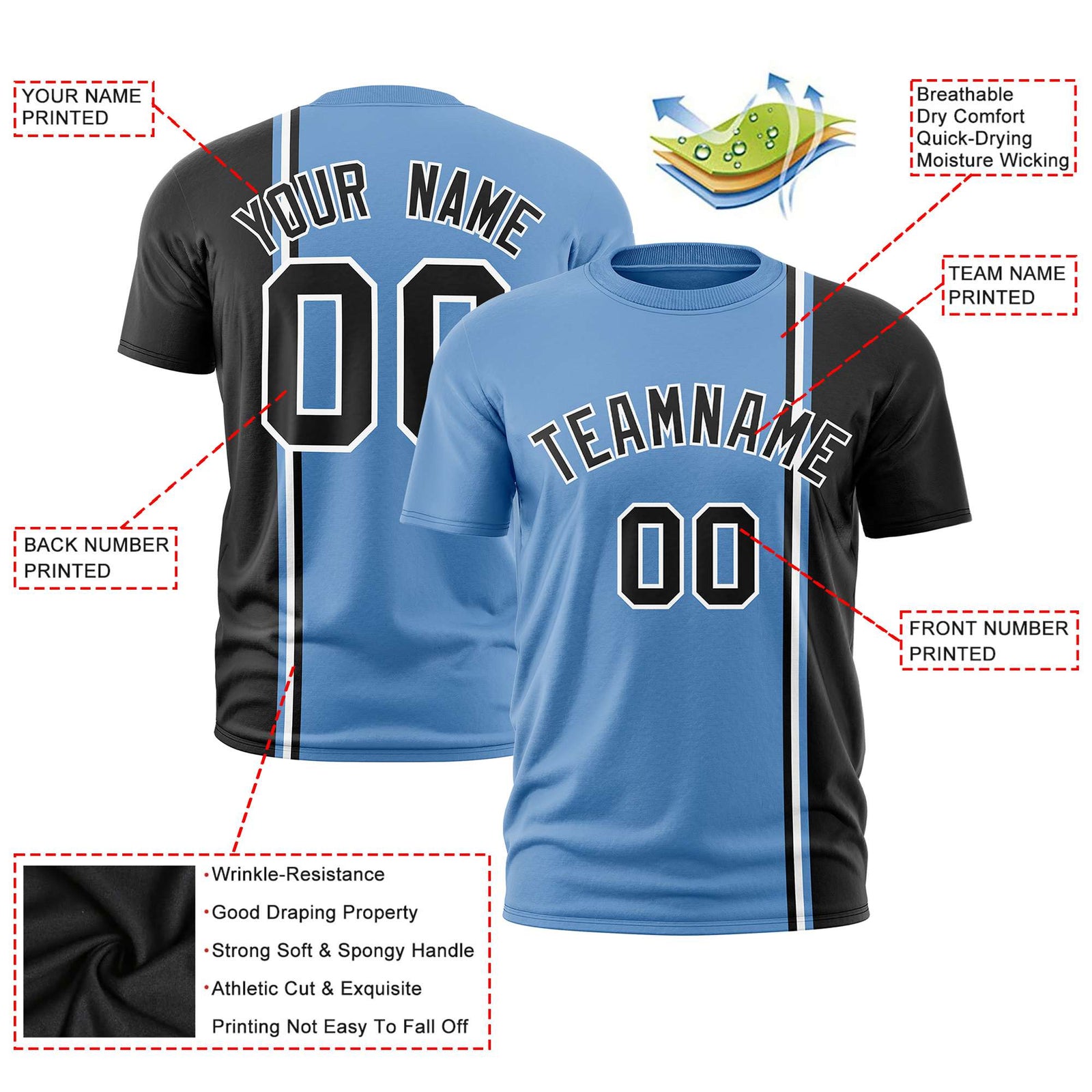 Custom Powder Blue Black-White Crew neck Color Contrast Design T-Shirts