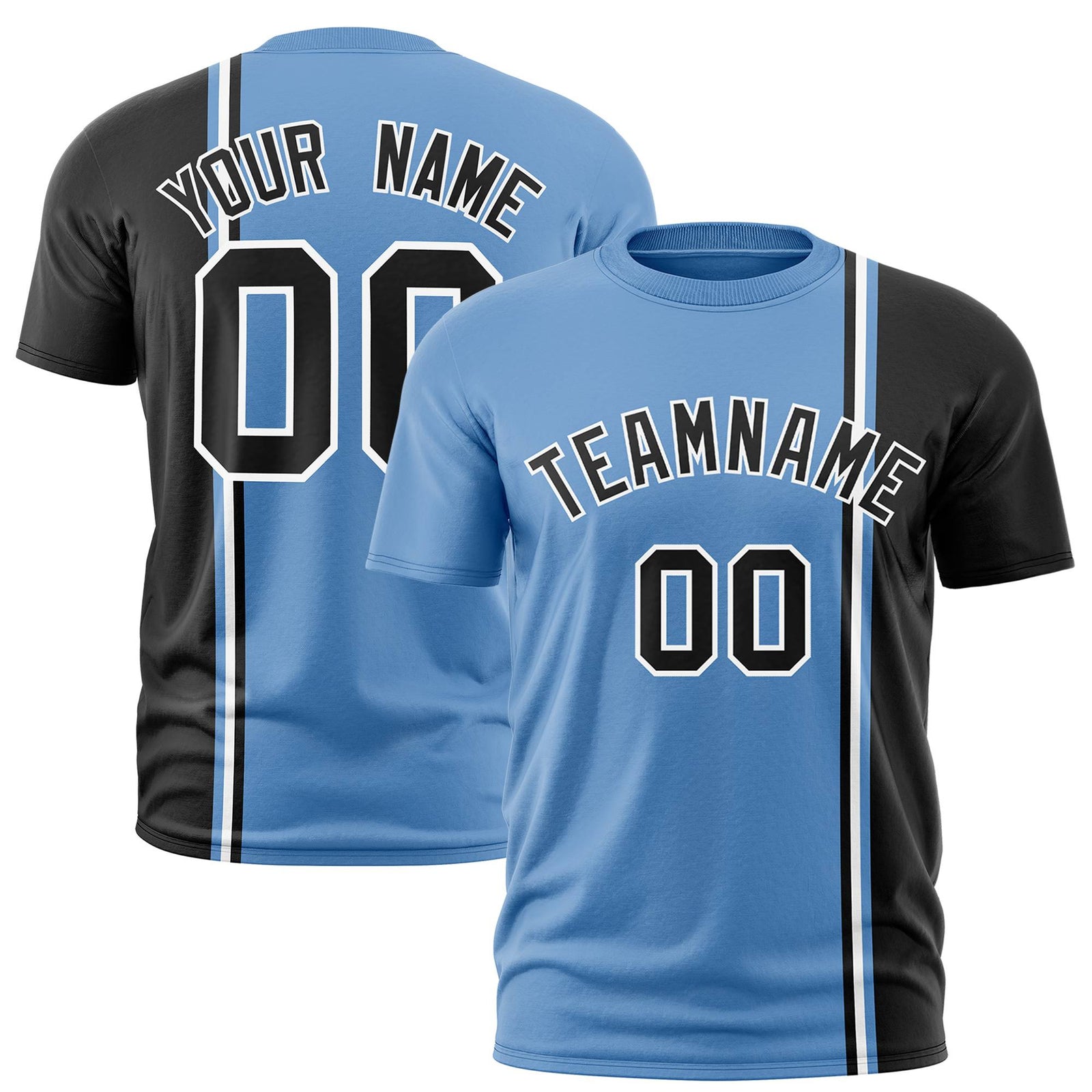 Custom Powder Blue Black-White Crew neck Color Contrast Design T-Shirts