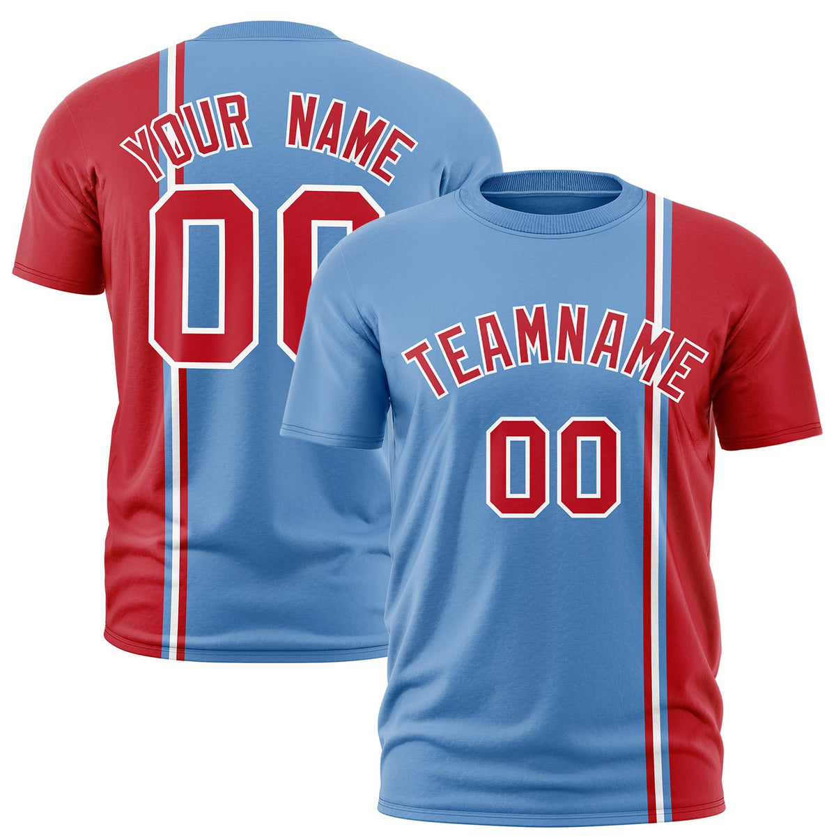 Custom Powder Blue Red-White Crew neck Color Contrast Design T-Shirts