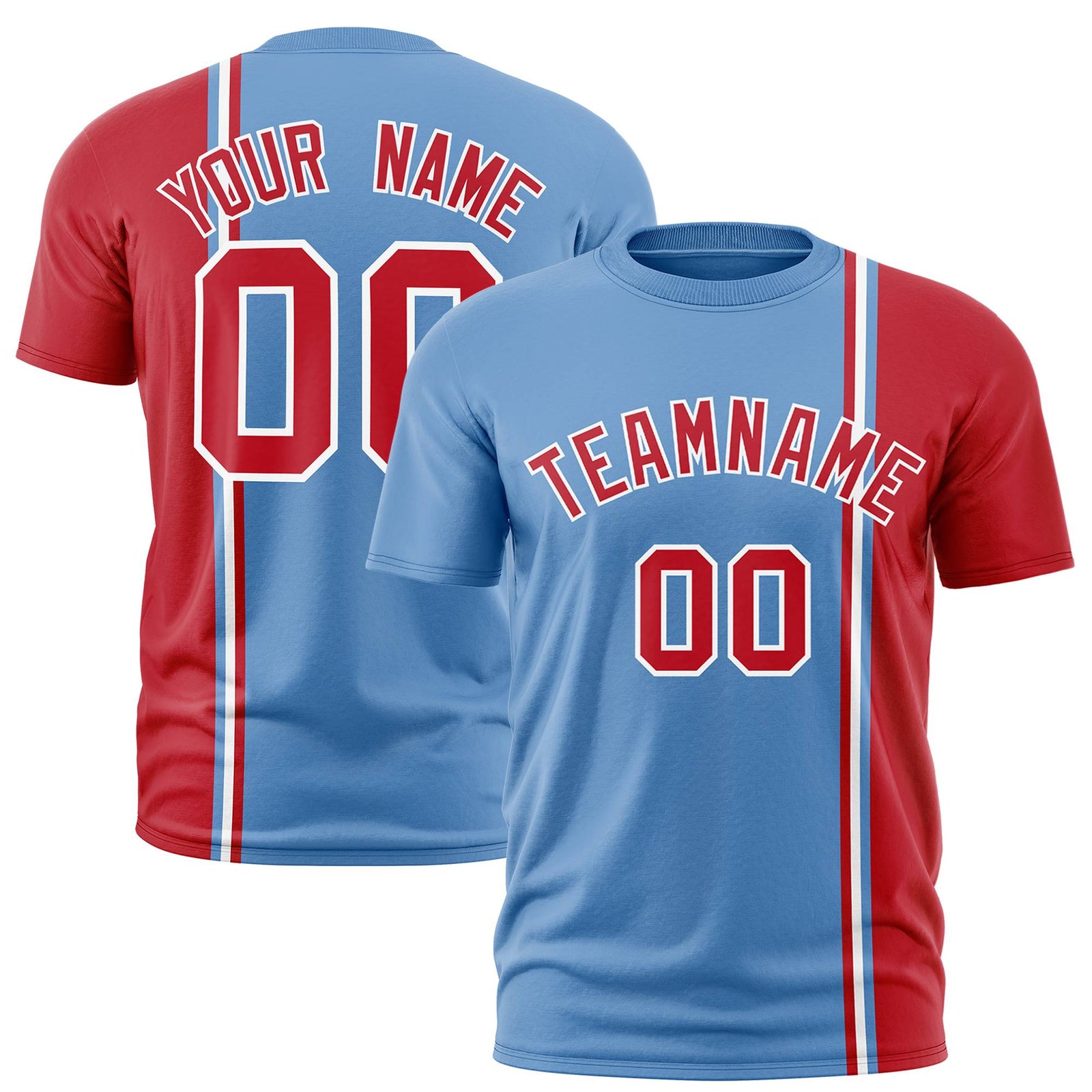 Custom Powder Blue Red-White Crew neck Color Contrast Design T-Shirts