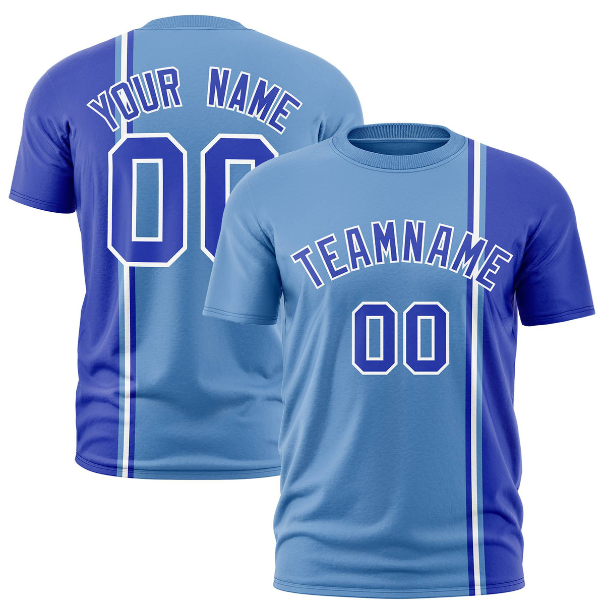 Custom Powder Blue Royal Blue-White Crew neck Color Contrast Design T-Shirts