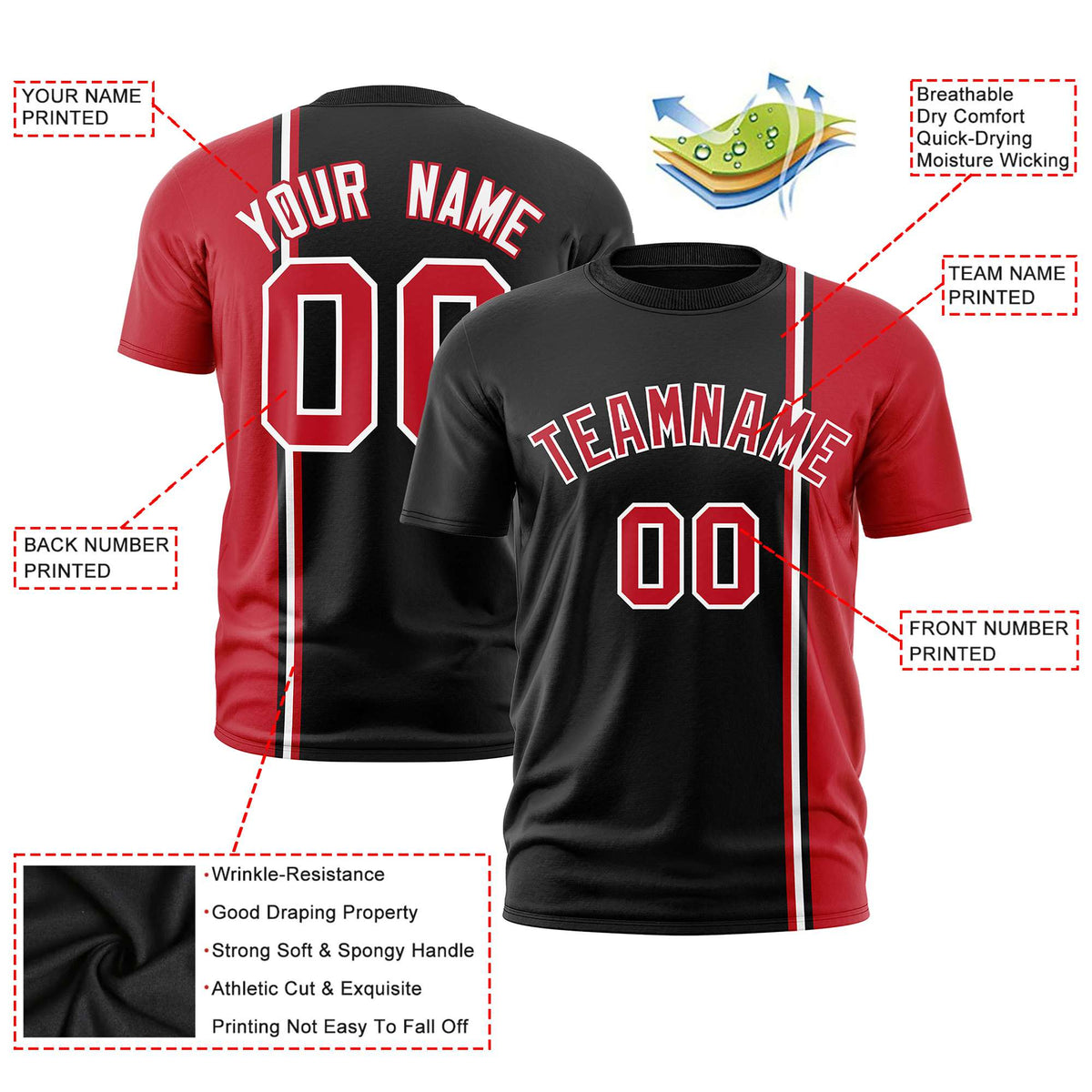 Custom Black Royal Red-White Crew neck Color Contrast Design T-Shirts