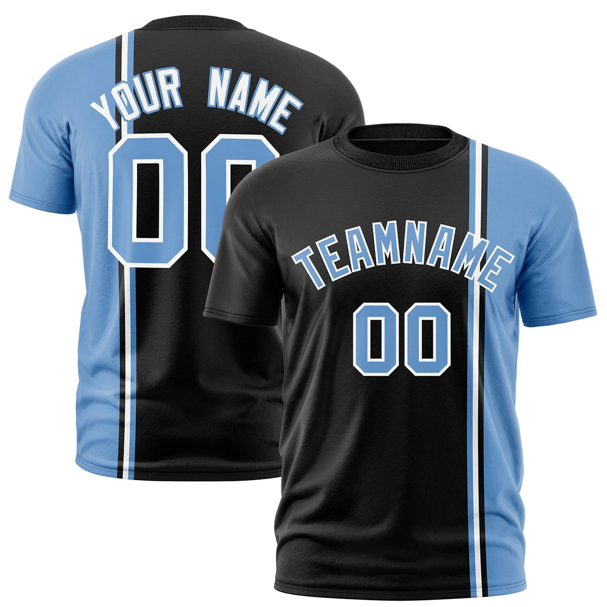 Custom Black Powder Blue-White Crew neck Color Contrast Design T-Shirts