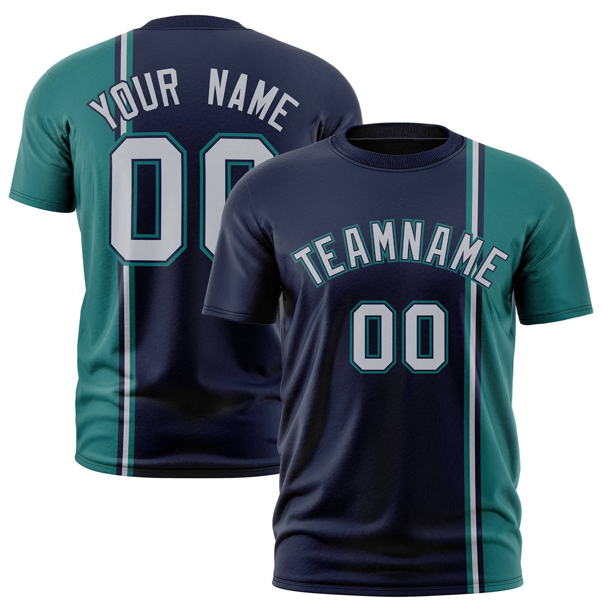 Custom Navy Aqua-White Crew neck Color Contrast Design T-Shirts