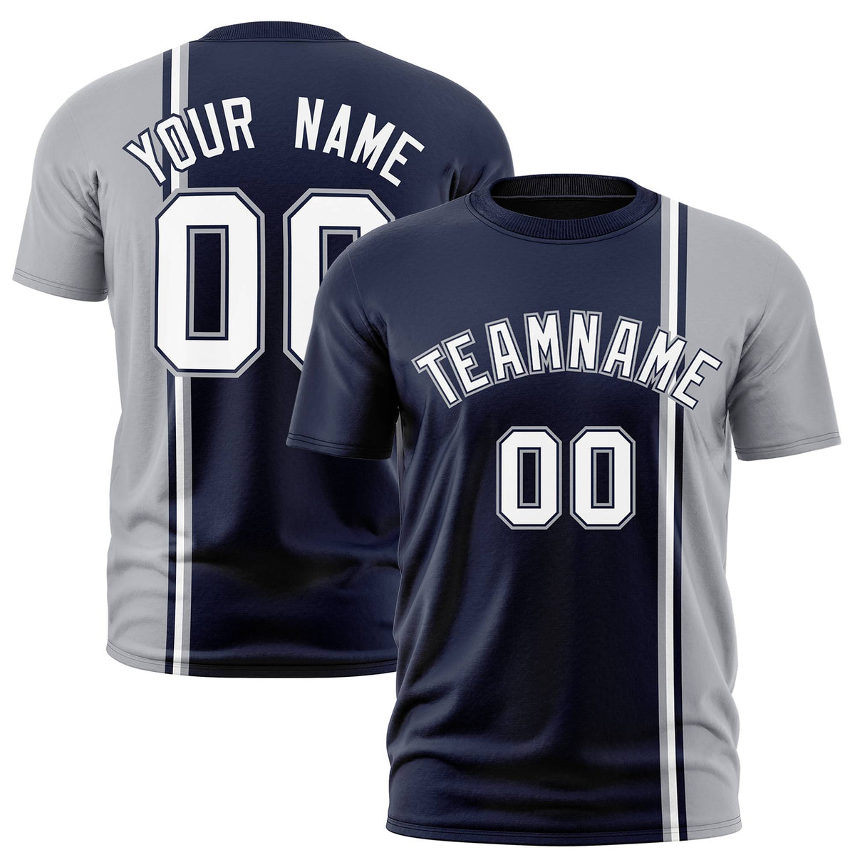 Custom Navy Gray-White Crew neck Color Contrast Design T-Shirts