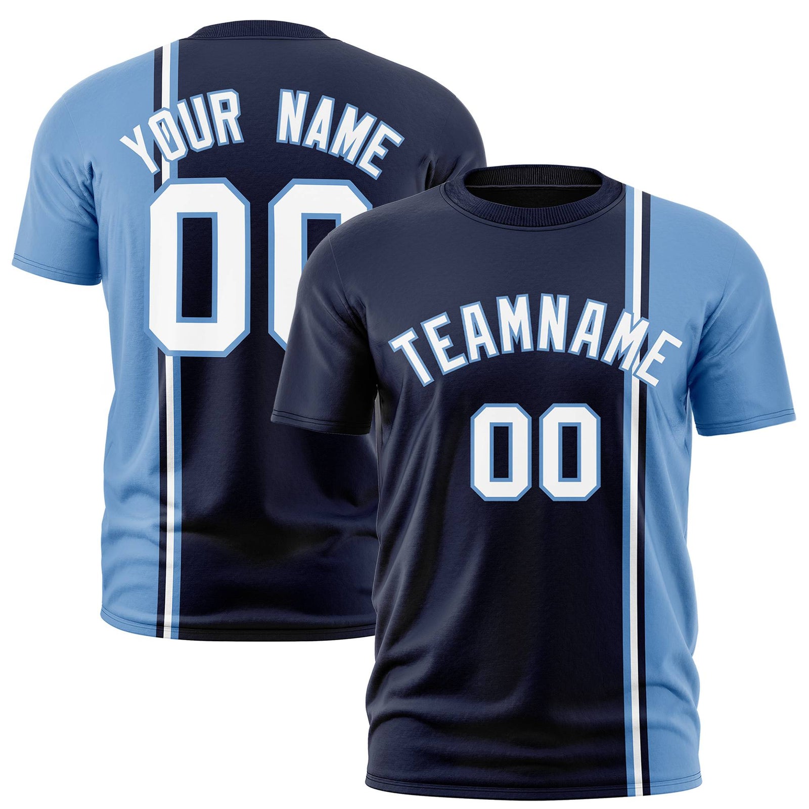 Custom Navy Powder Blue-White Crew neck Color Contrast Design T-Shirts