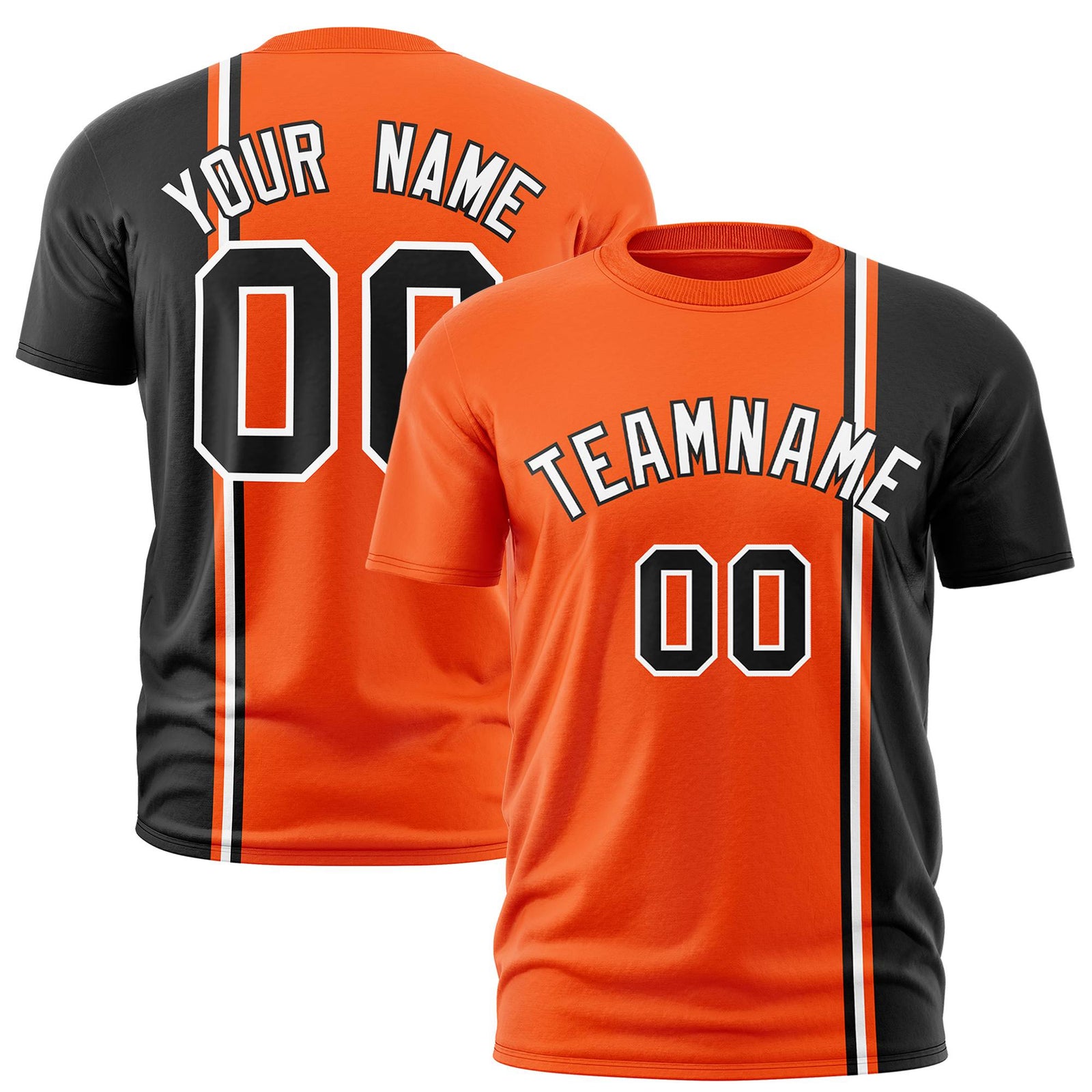 Custom Orange Black-White Crew neck Color Contrast Design T-Shirts