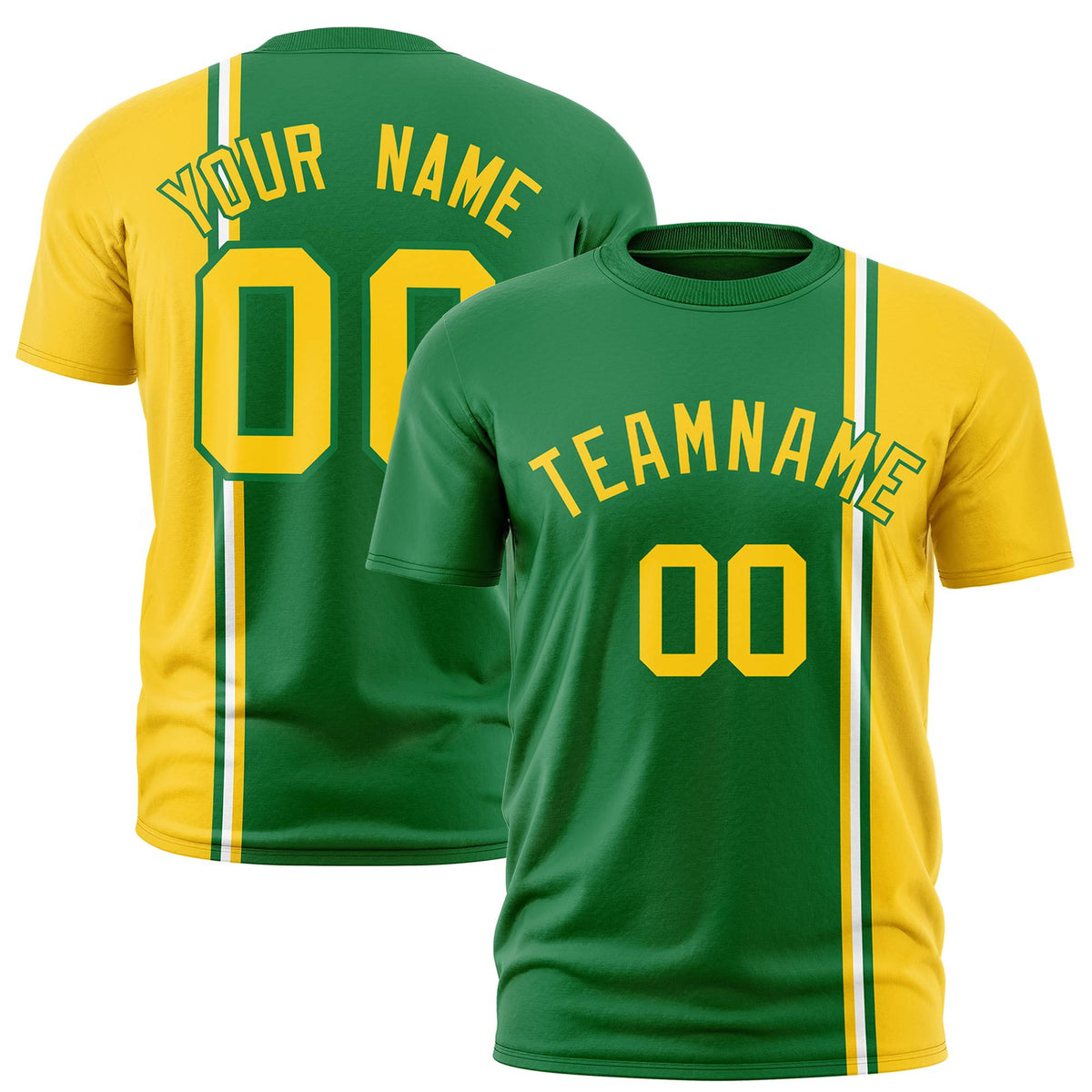 Custom Kelly Green Gold-01 White Crew neck Color Contrast Design T-Shirts