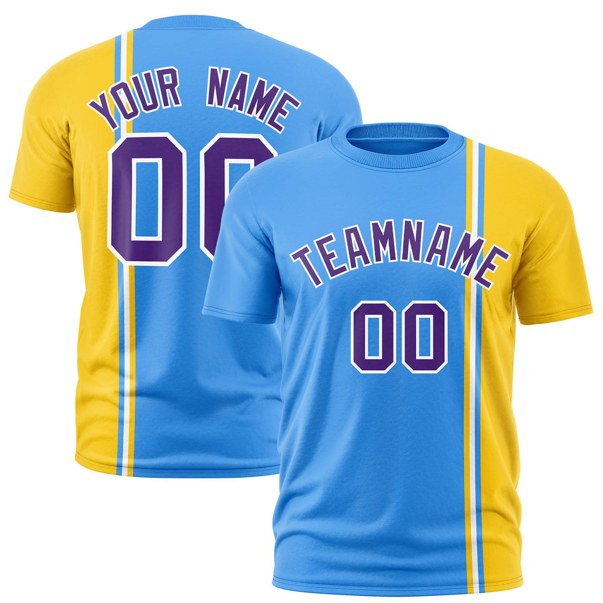 Custom Powder Blue Gold-01 White Crew neck Color Contrast Design T-Shirts