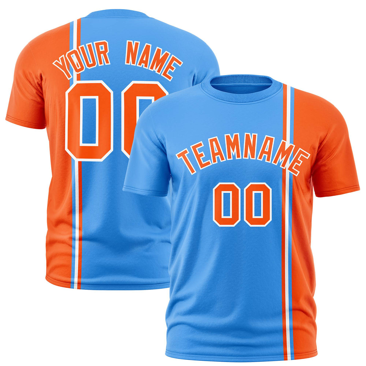 Custom Powder Blue Orange-White Crew neck Color Contrast Design T-Shirts