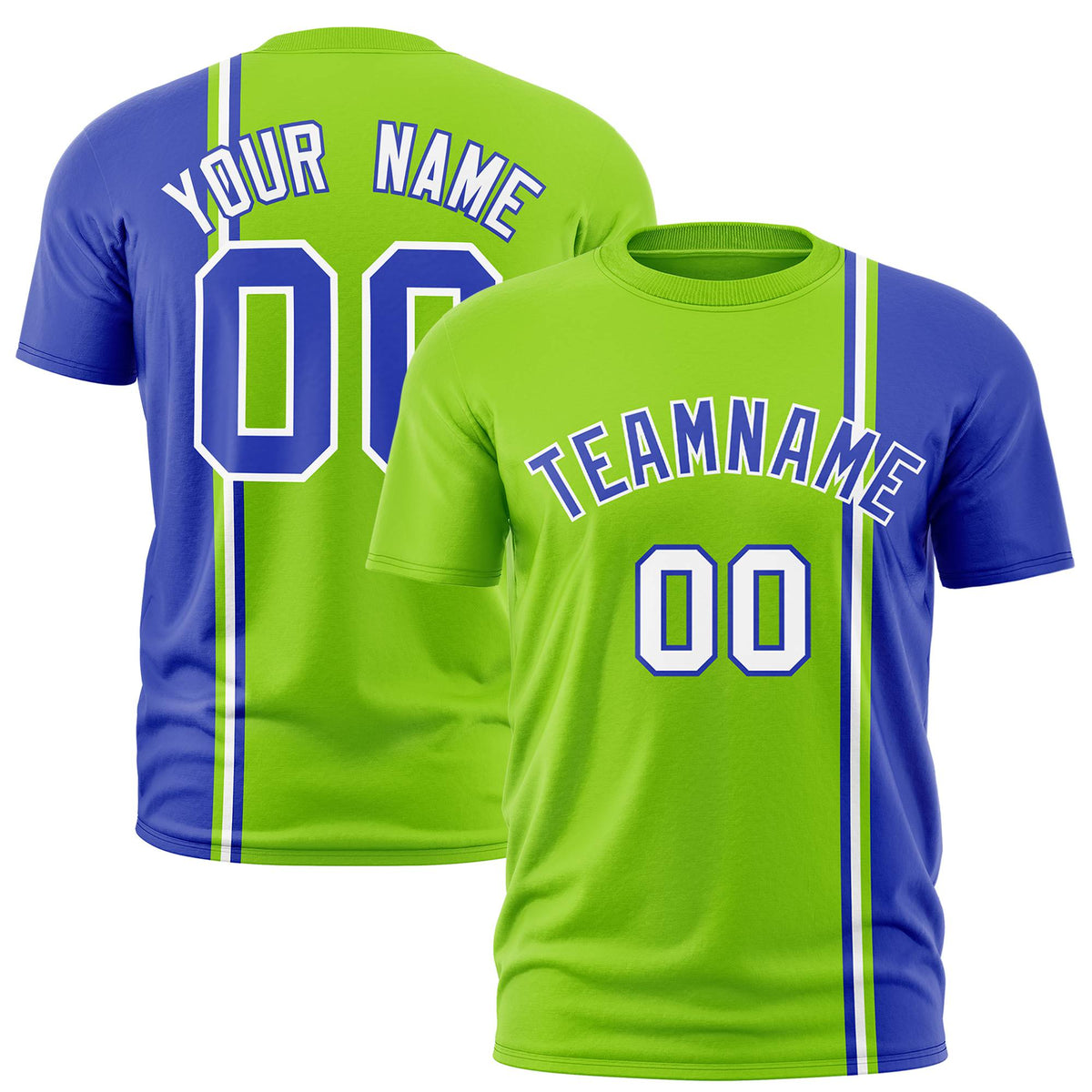 Custom Neon Green Royal Blue-White Crew neck Color Contrast Design T-Shirts