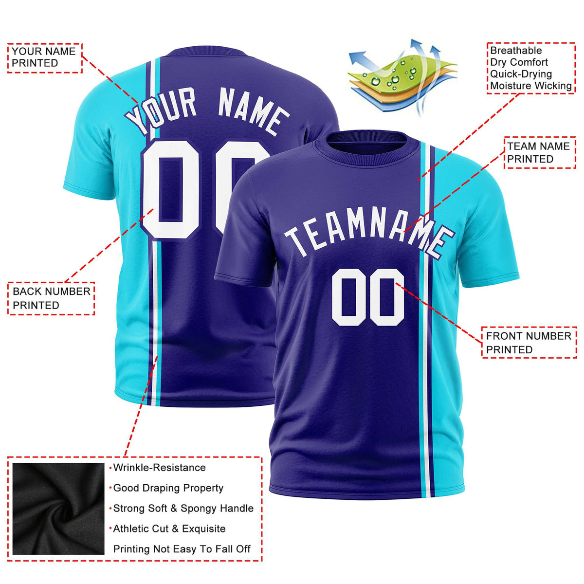 Custom Purple Sky Blue-White Crew neck Color Contrast Design T-Shirts