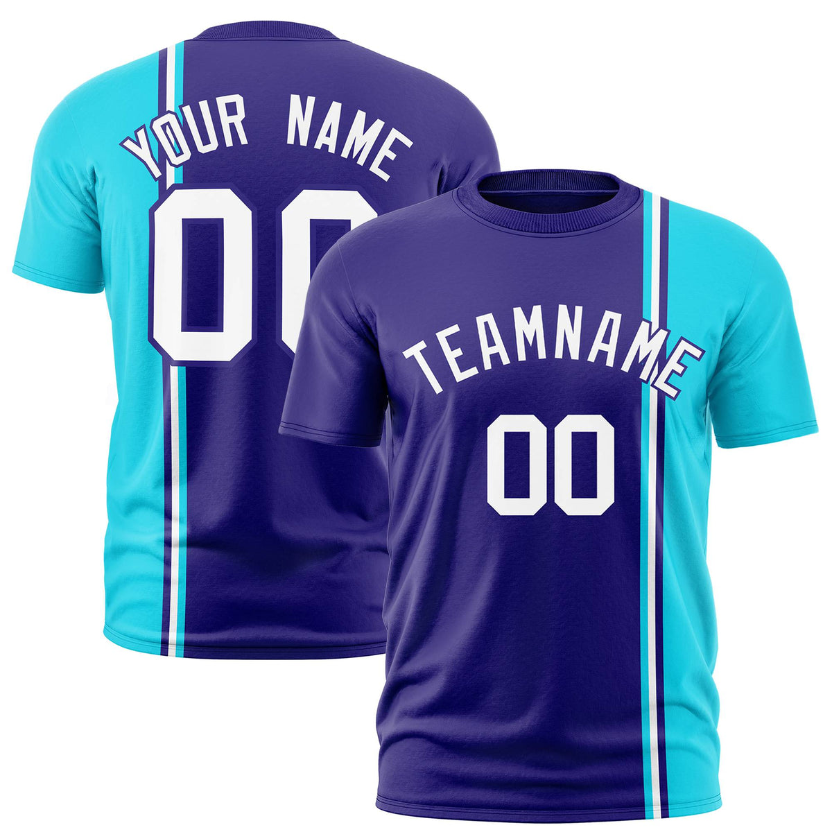 Custom Purple Sky Blue-White Crew neck Color Contrast Design T-Shirts