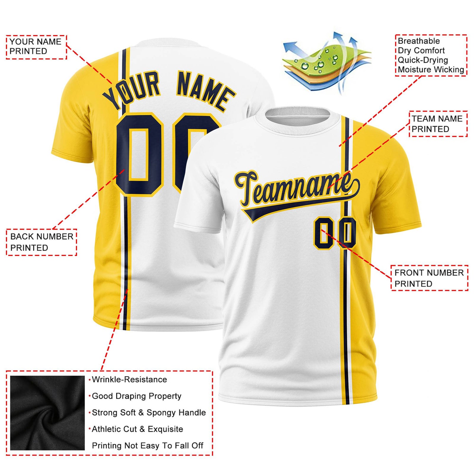 Custom White Navy Gold-01 Crew neck Color Contrast Design T-Shirts