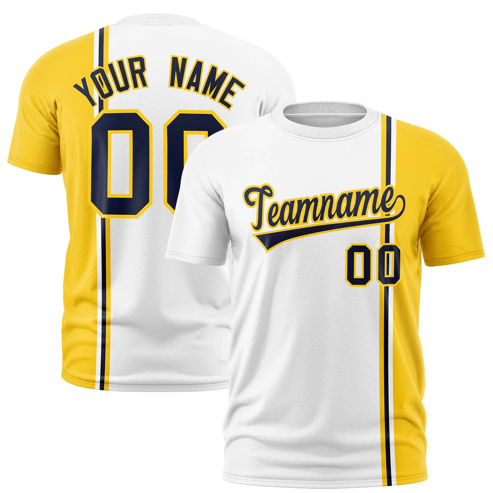 Custom White Navy Gold-01 Crew neck Color Contrast Design T-Shirts