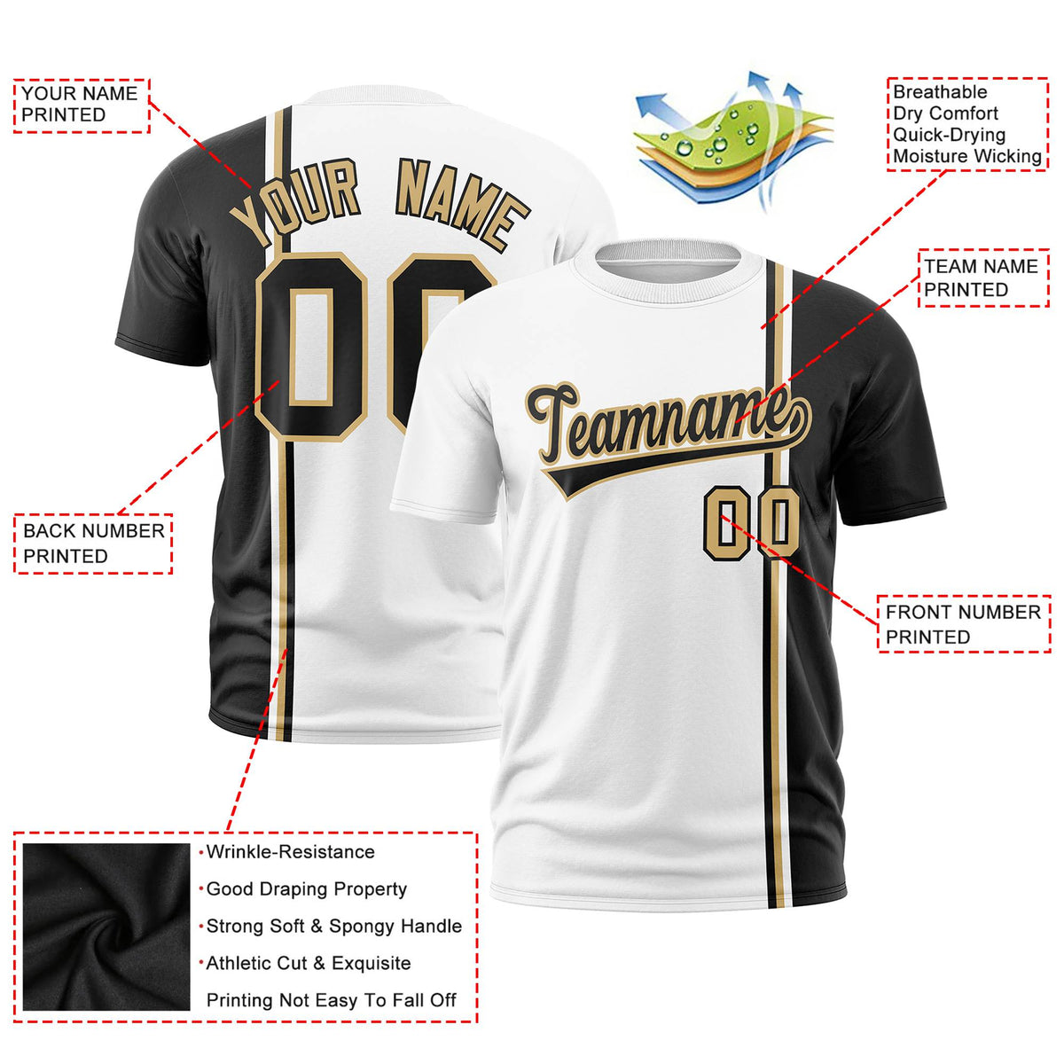 Custom White Black-Gold Crew neck Color Contrast Design T-Shirts