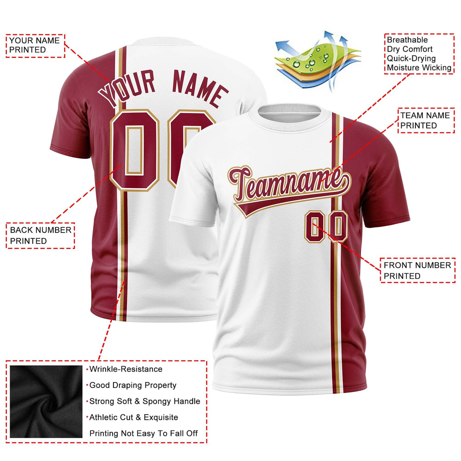 Custom White Crimson-Gold Crew neck Color Contrast Design T-Shirts