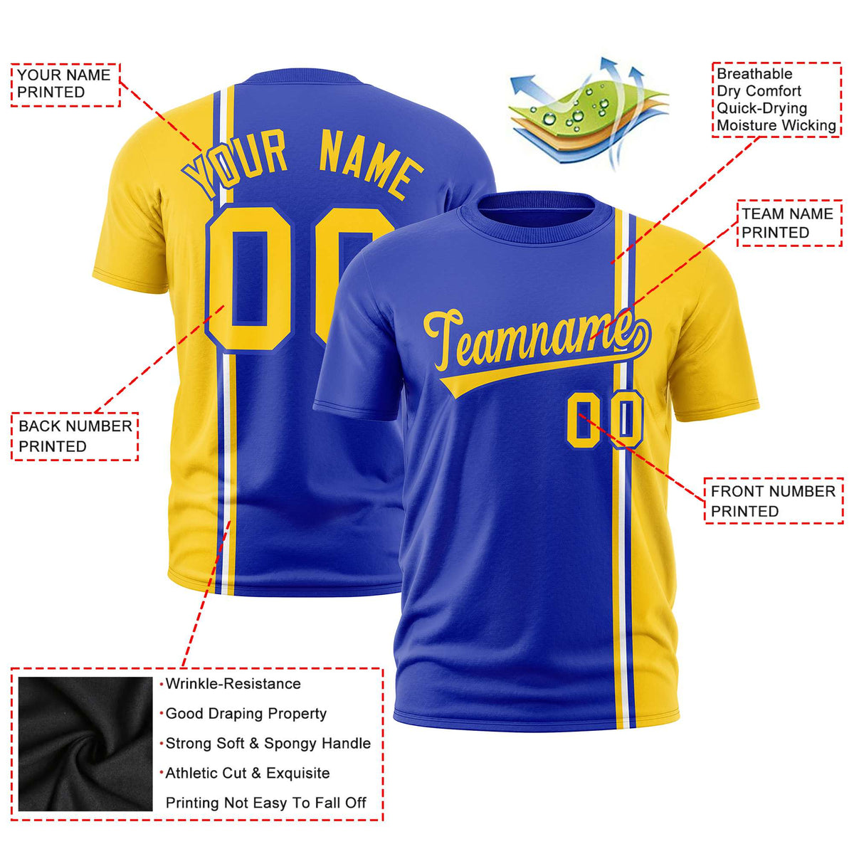 Custom Royal Blue Gold-01 White Crew neck Color Contrast Design T-Shirts