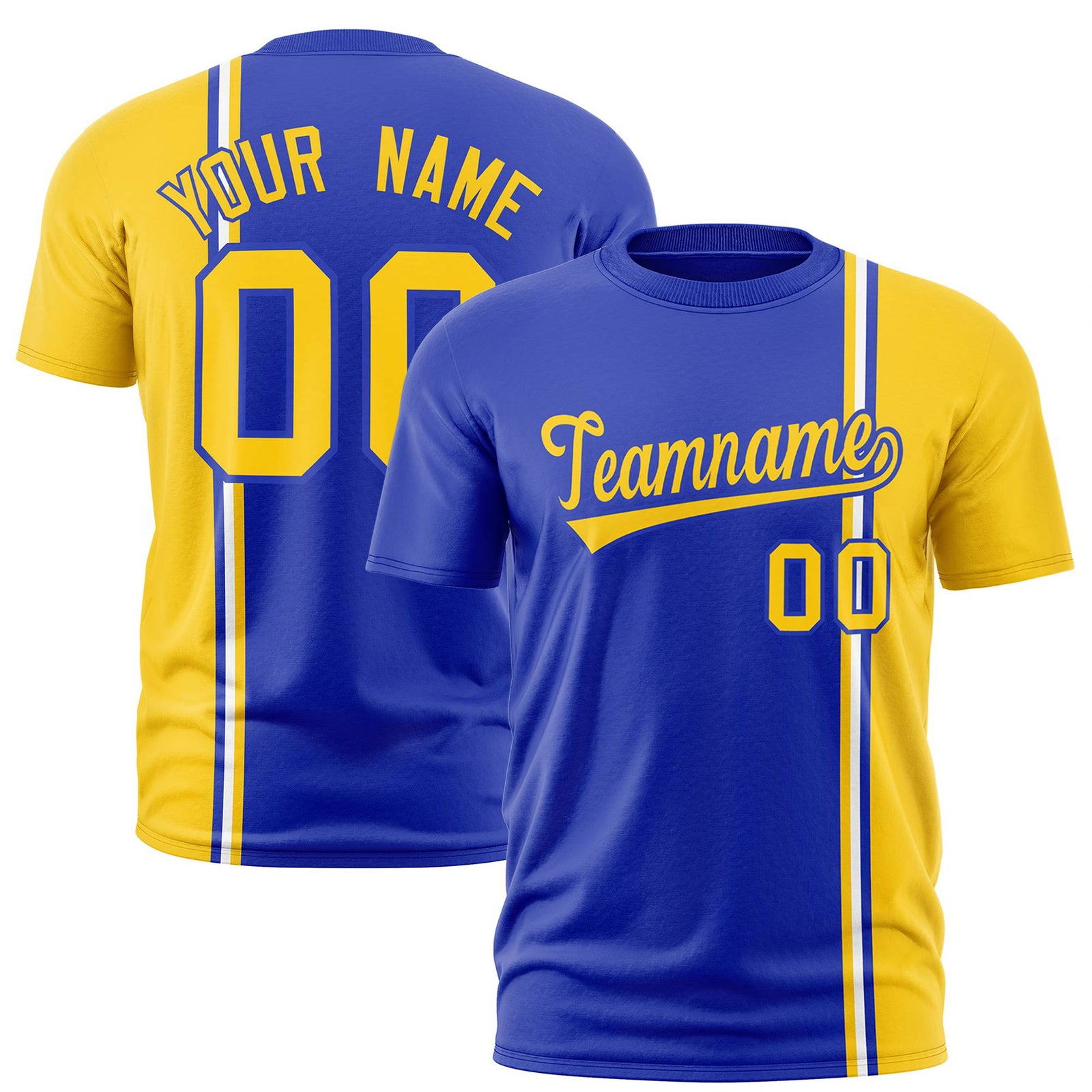 Custom Royal Blue Gold-01 White Crew neck Color Contrast Design T-Shirts