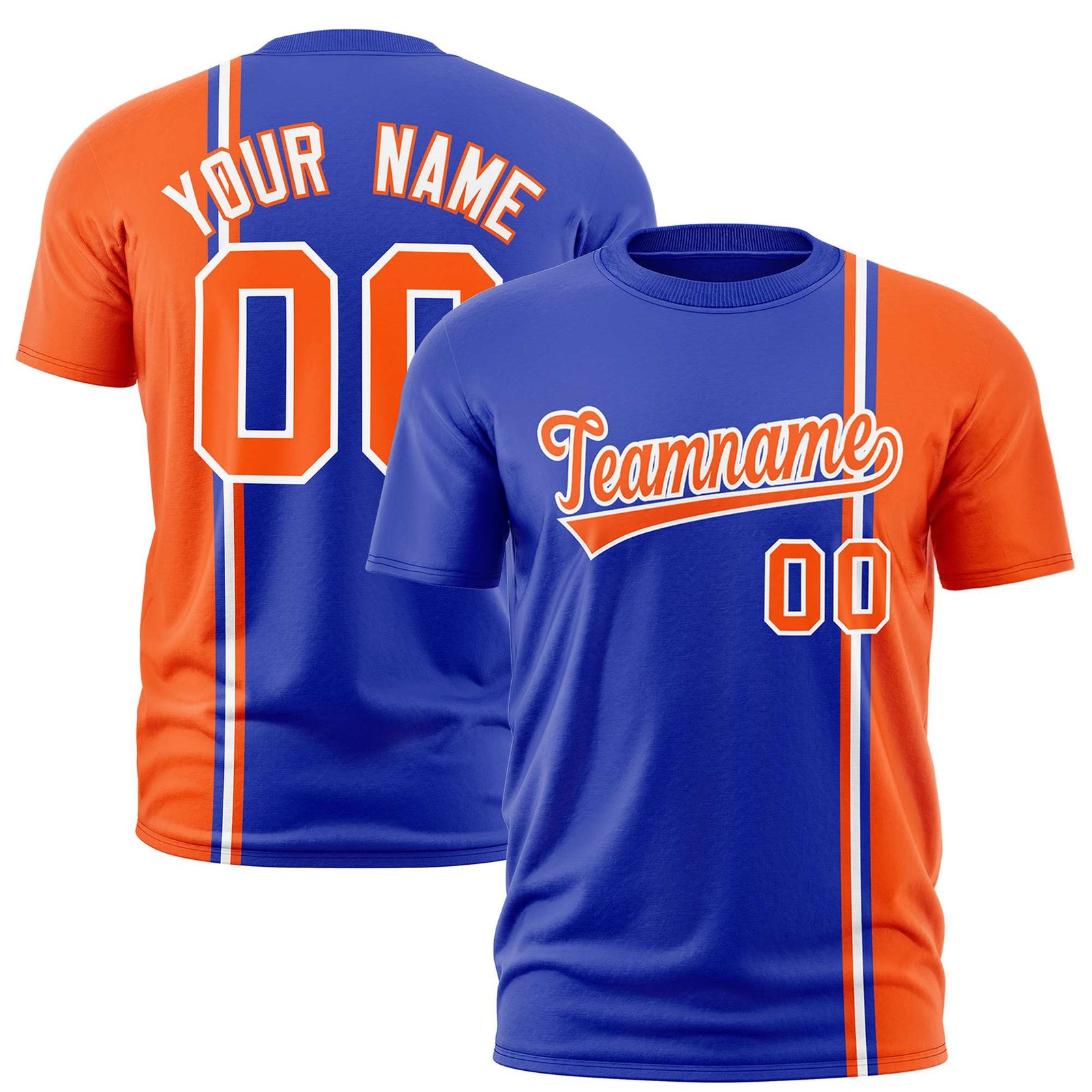 Custom Royal Blue Orange-White Crew neck Color Contrast Design T-Shirts