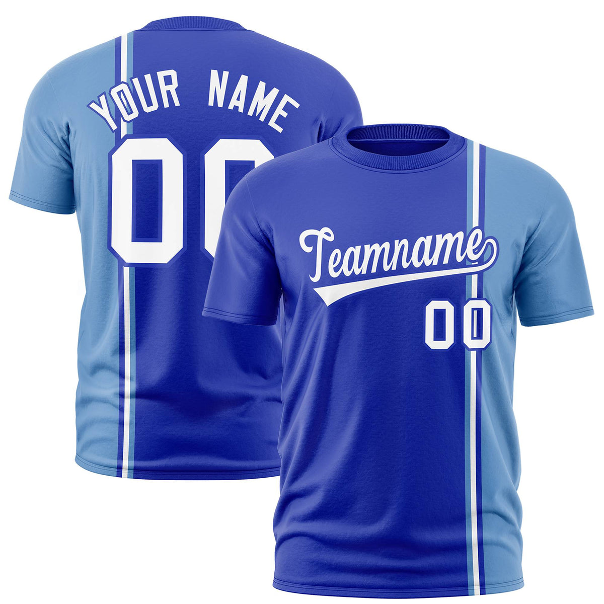 Custom Royal Blue Powder Blue-White Crew neck Color Contrast Design T-Shirts