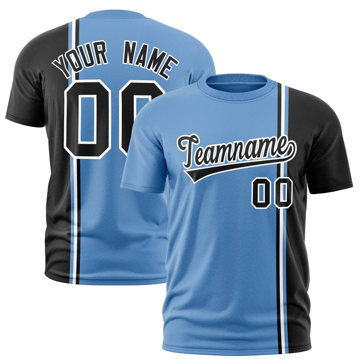 Custom Powder Blue Black-White Crew neck Color Contrast Design T-Shirts