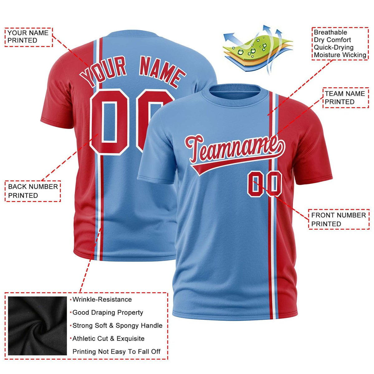 Custom Powder Blue Red-White Crew neck Color Contrast Design T-Shirts