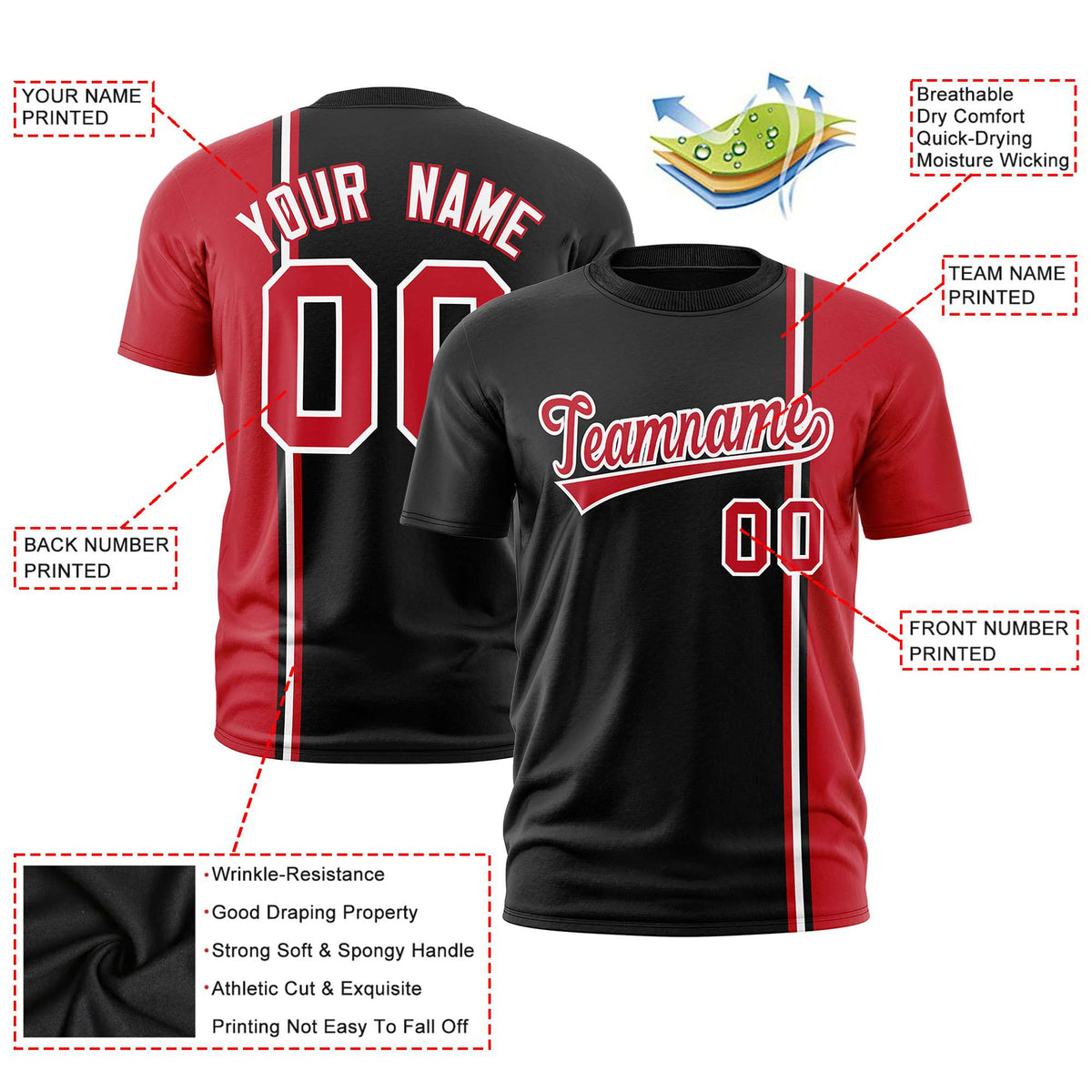 Custom Black Royal Red-White Crew neck Color Contrast Design T-Shirts