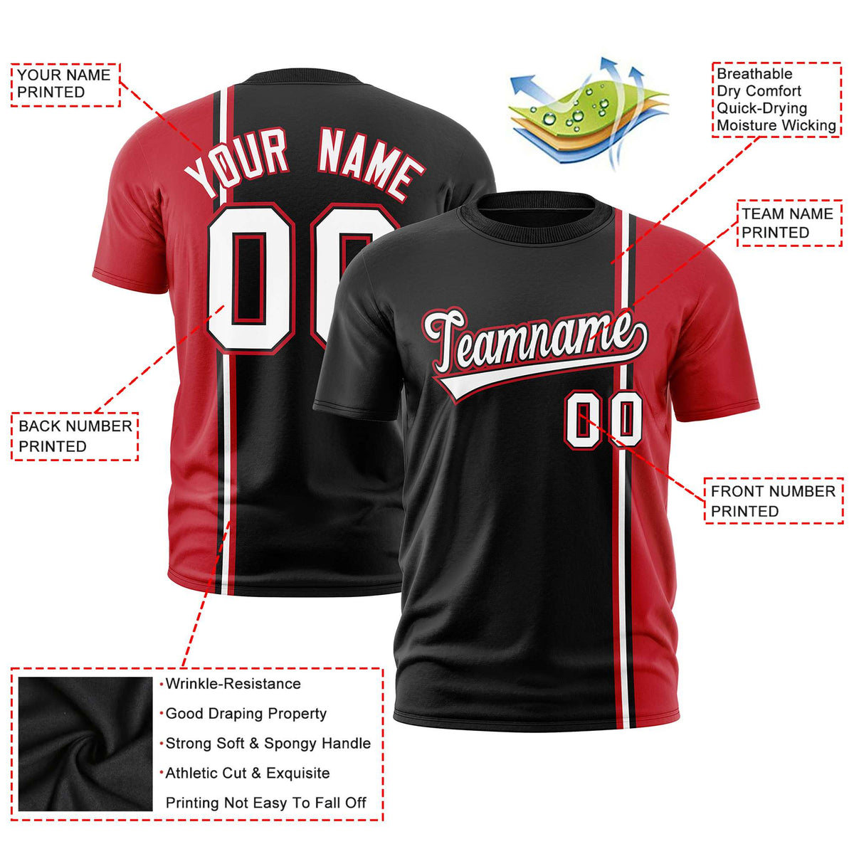 Custom Black Red-White Crew neck Color Contrast Design T-Shirts