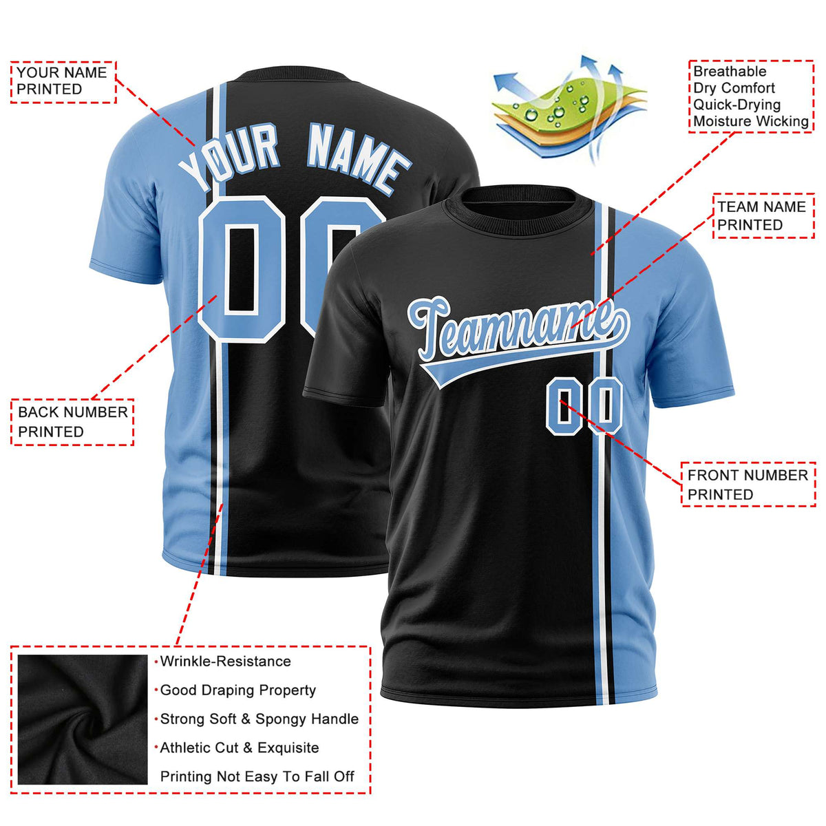 Custom Black Powder Blue-White Crew neck Color Contrast Design T-Shirts