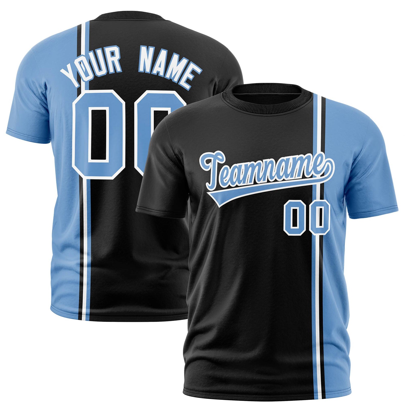 Custom Black Powder Blue-White Crew neck Color Contrast Design T-Shirts