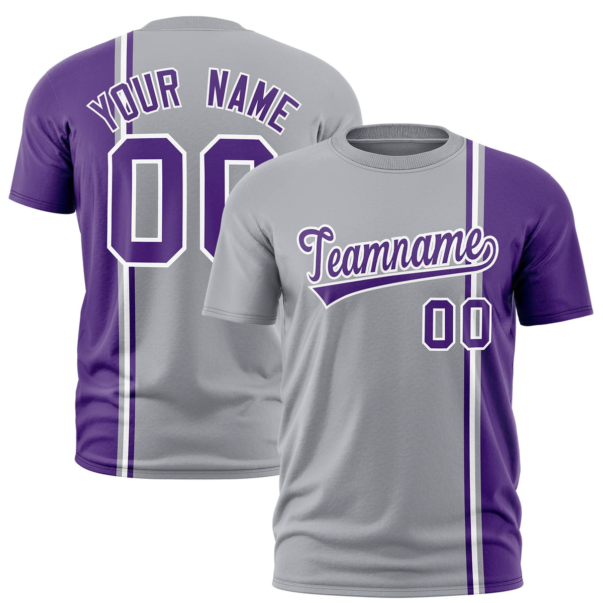 Custom Gray Purple-White Crew neck Color Contrast Design T-Shirts