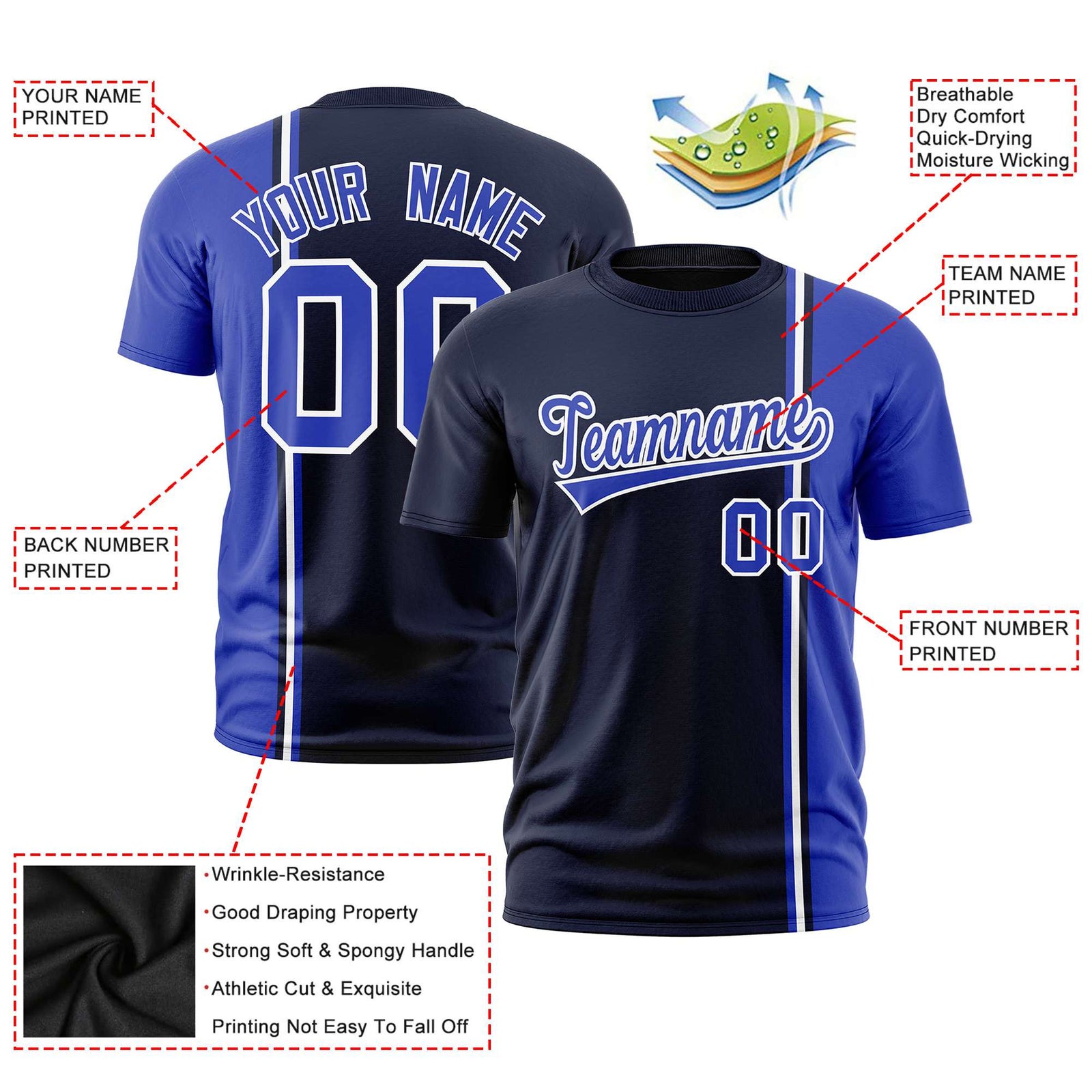Custom Navy Royal Blue-White Crew neck Color Contrast Design T-Shirts