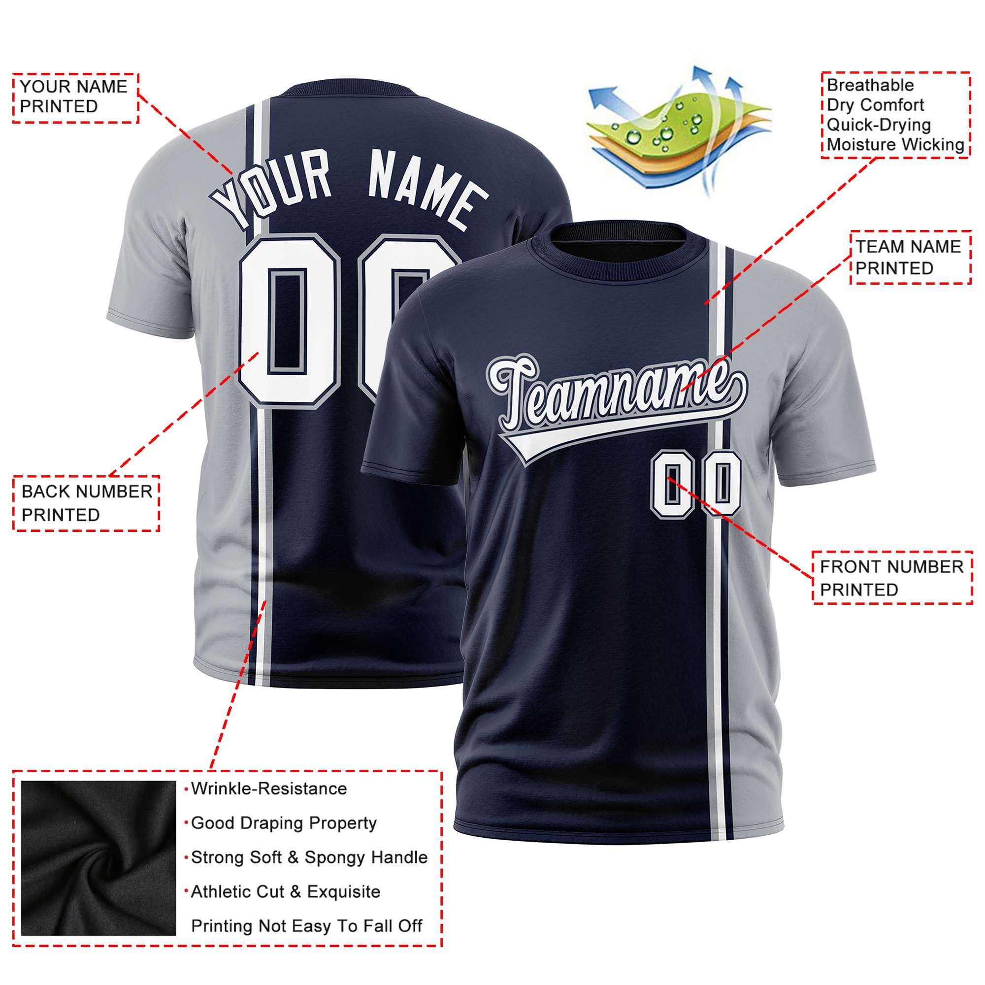 Custom Navy Gray-White Crew neck Color Contrast Design T-Shirts