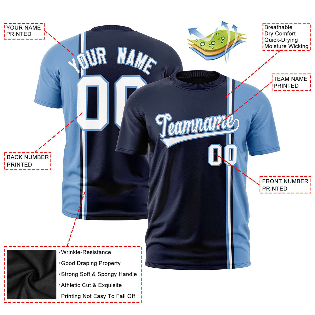 Custom Navy Powder Blue-White Crew neck Color Contrast Design T-Shirts