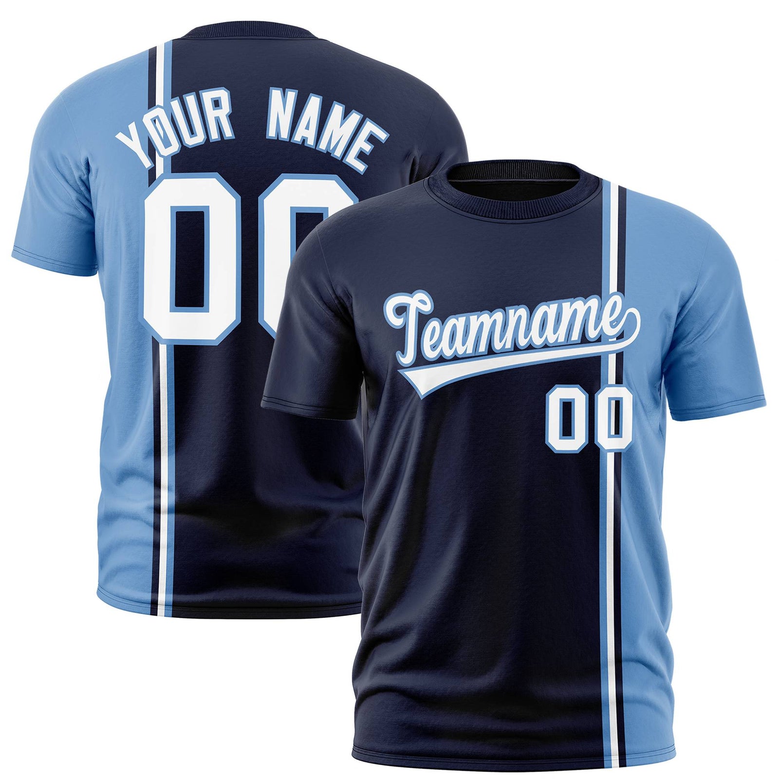 Custom Navy Powder Blue-White Crew neck Color Contrast Design T-Shirts