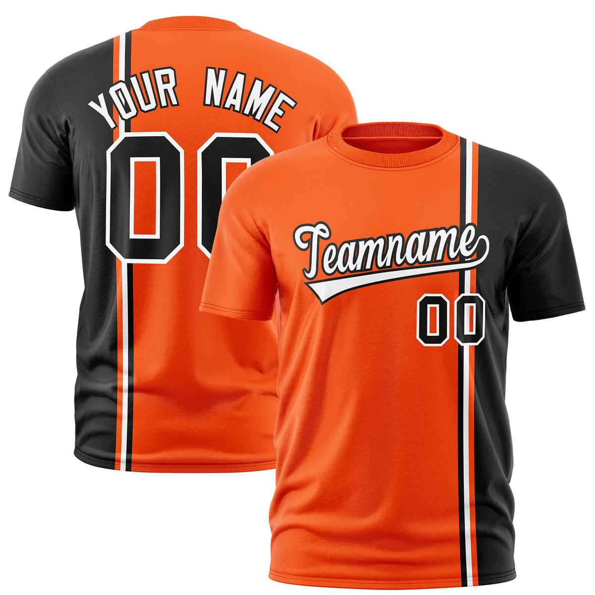 Custom Orange Black-White Crew neck Color Contrast Design T-Shirts