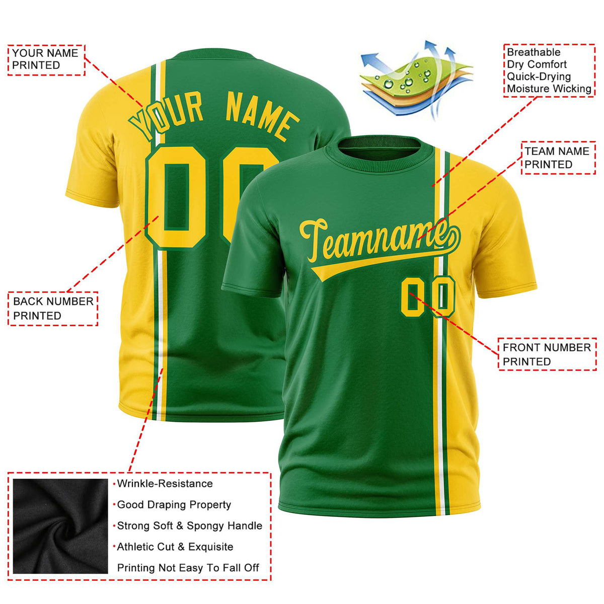 Custom Kelly Green Gold-01 White Crew neck Color Contrast Design T-Shirts