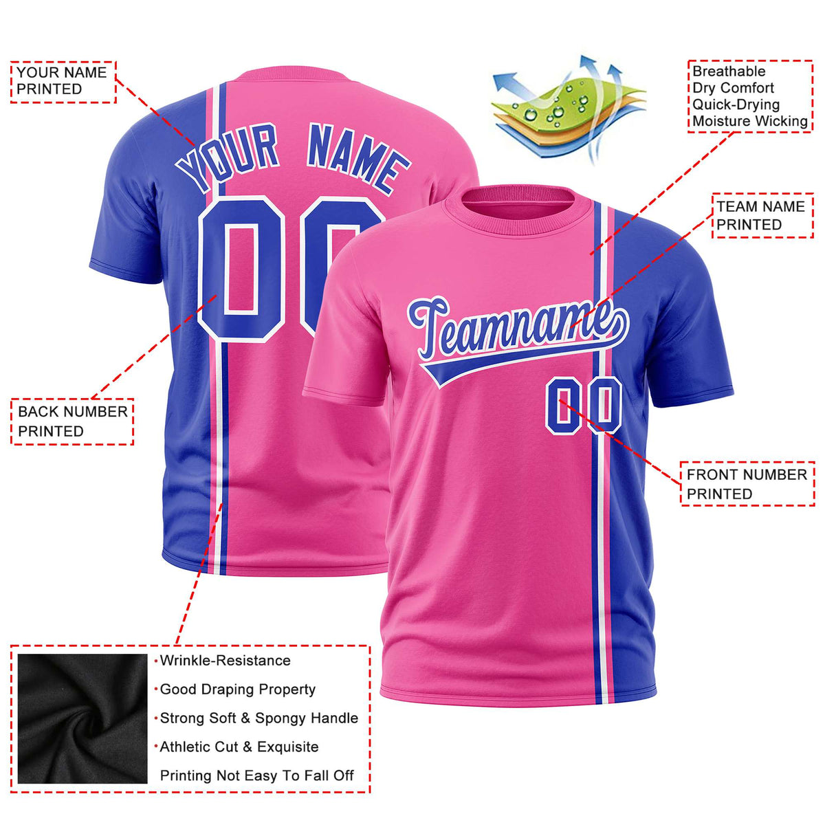 Custom Pink Royal Blue-White Crew neck Color Contrast Design T-Shirts