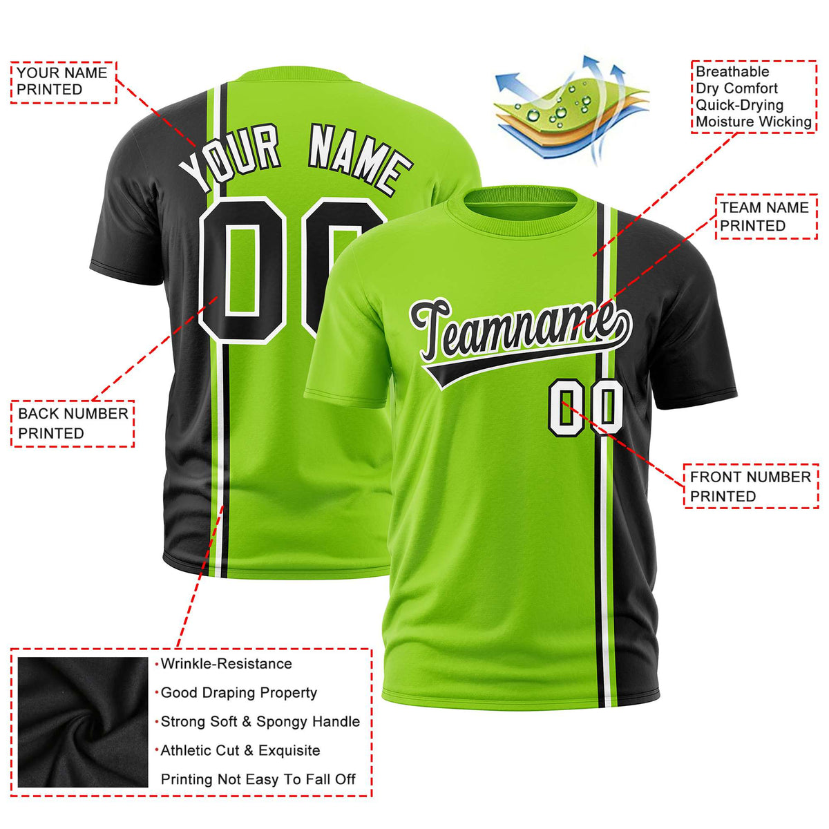 Custom Neon Green Black-White Crew neck Color Contrast Design T-Shirts